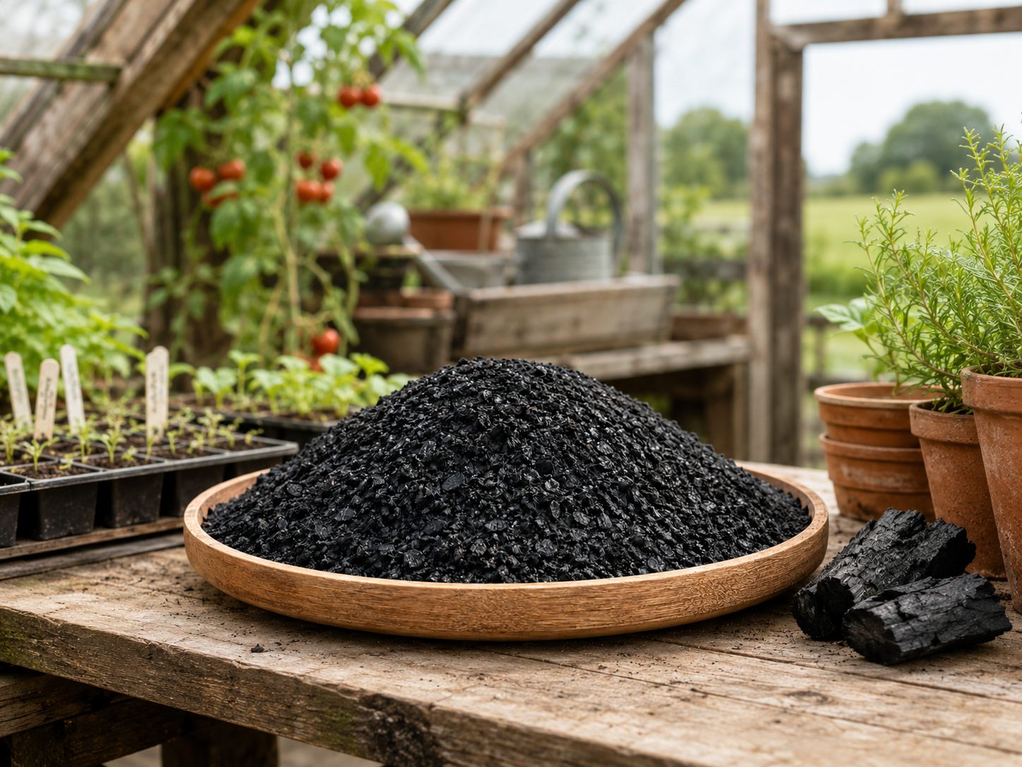 Broiler litter biochar product in a rustic English greenhouse setting