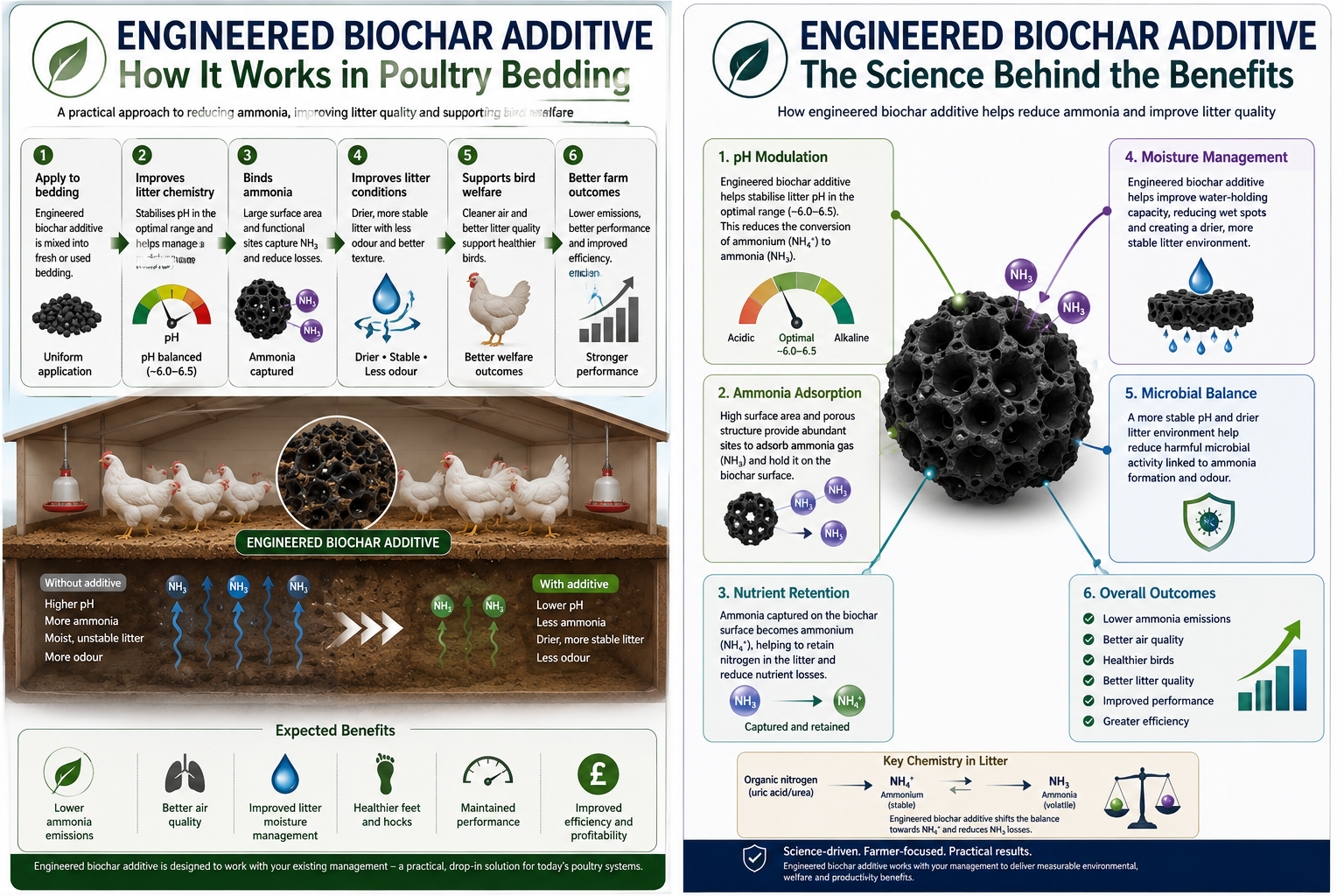 Engineered biochar additive infographic for poultry bedding