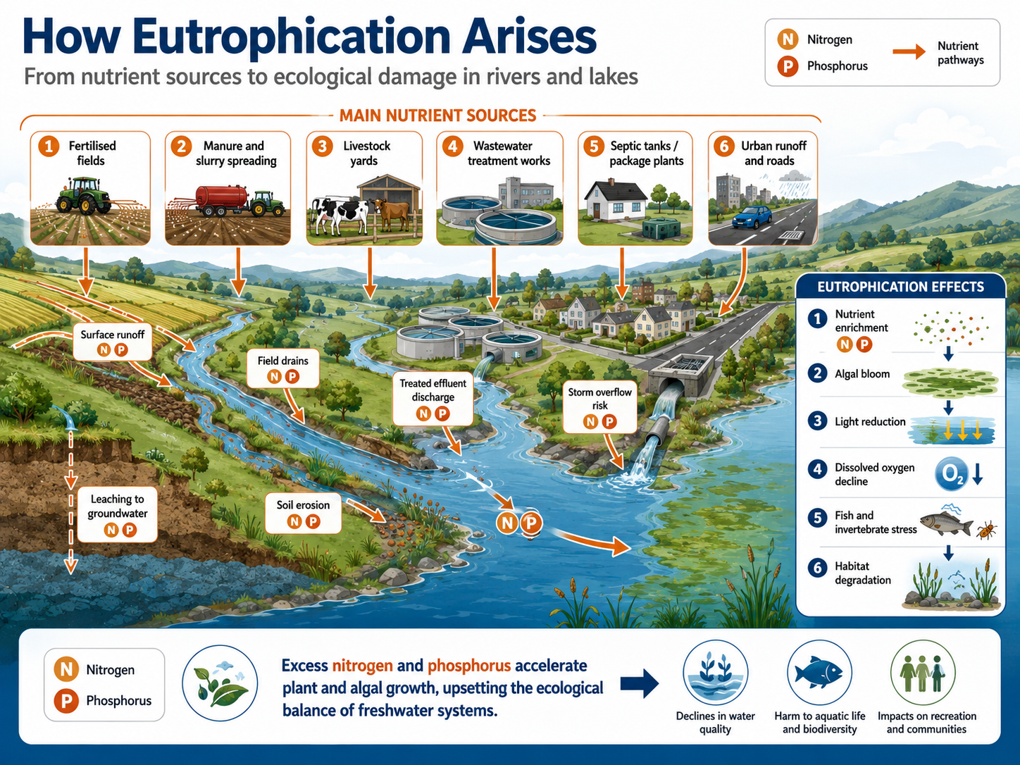 Infographic showing how eutrophication arises from nutrient sources, pathways and ecological effects in rivers and lakes.
